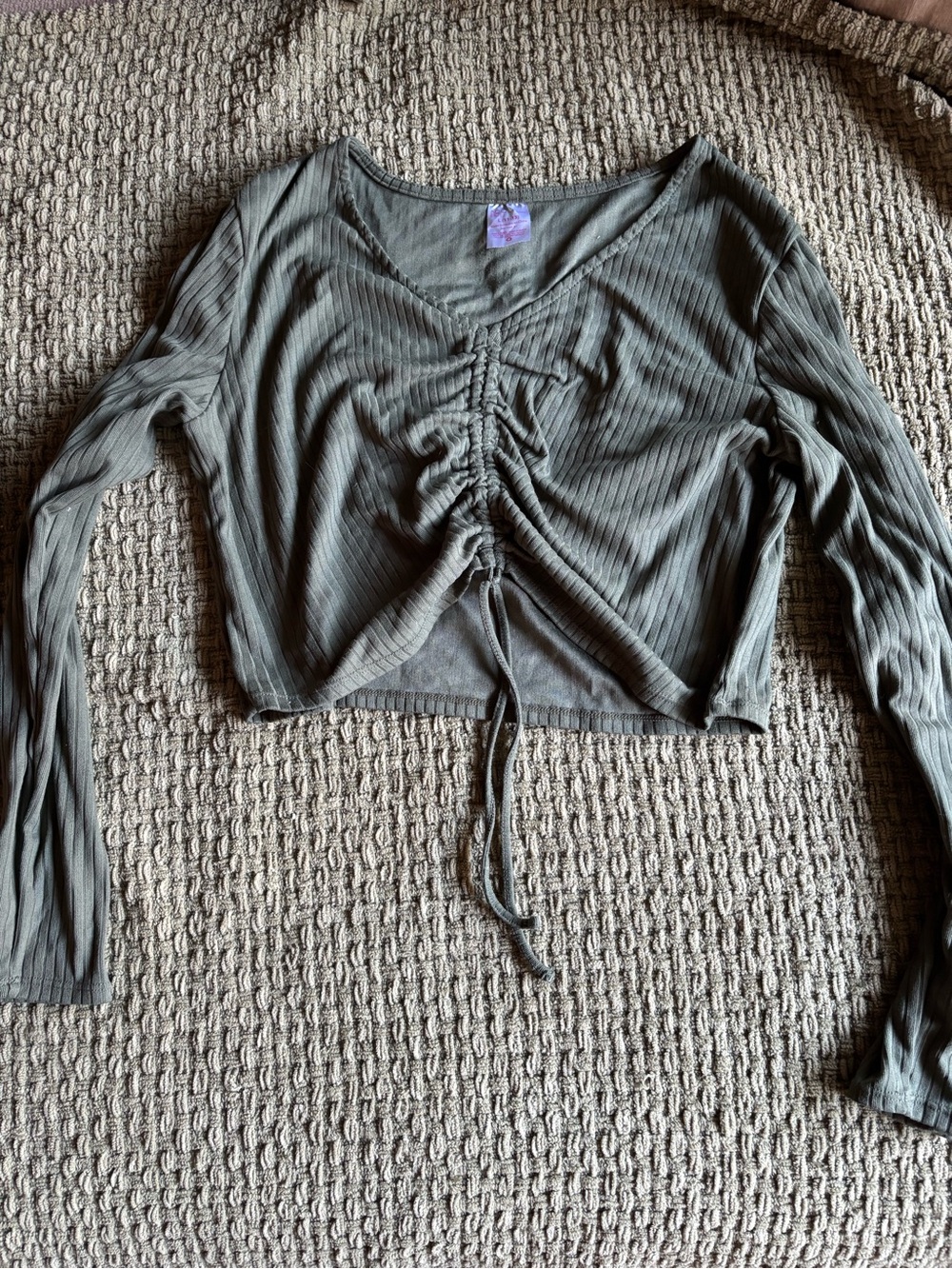 Olive Green Ribbed Drawstring Long Sleeve Top